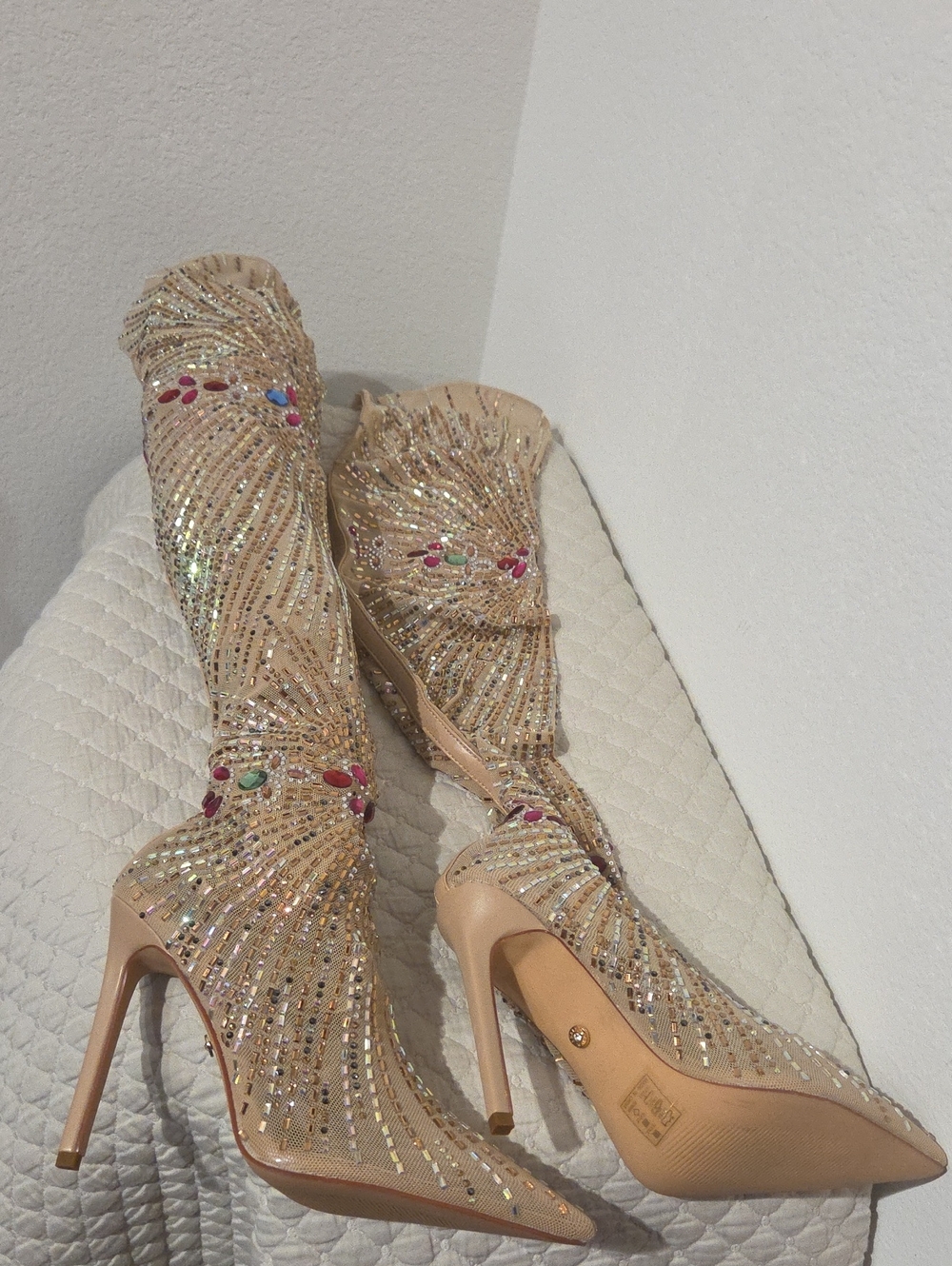 Beige Rhinestone-Embellished Knee-High Stiletto Boots with Gem Accents